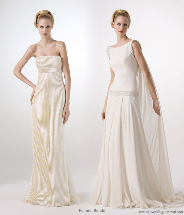 Pleats please - pleated off-white or ivory strapless wedding dress and grecian goddess winged drop waist gown from Raimon Bundo