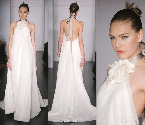 Amsale Blue Label Collection Morgan English net silk Georgette halter bridal gown with organza flower at neckline