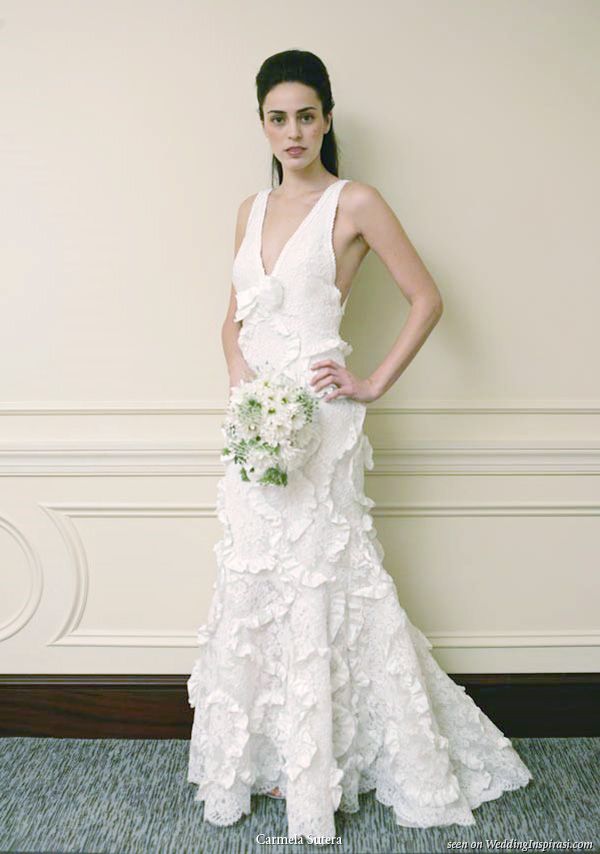 Carmela sutera wedding dress - French Alecon lace fitted gown with V neck. Taffeta ruffles 