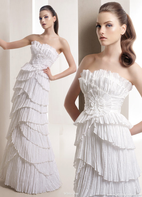 Strapless crinkle ruffle tiered wedding gown from W1 White One bridal house