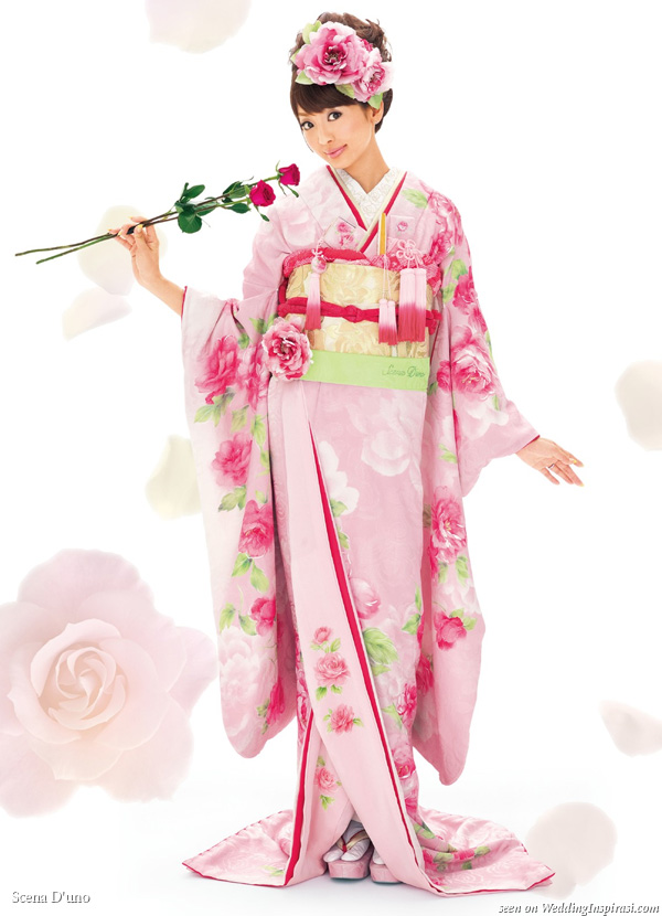 Pink, red rose flower blossom Japanese wedding kimono