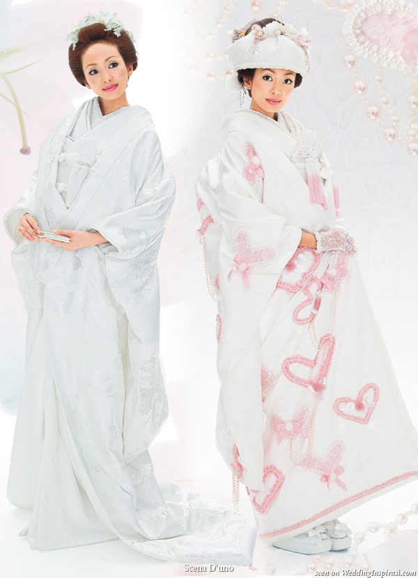 Japanese white wedding kimono with ceremonial over coat with long train uchikake