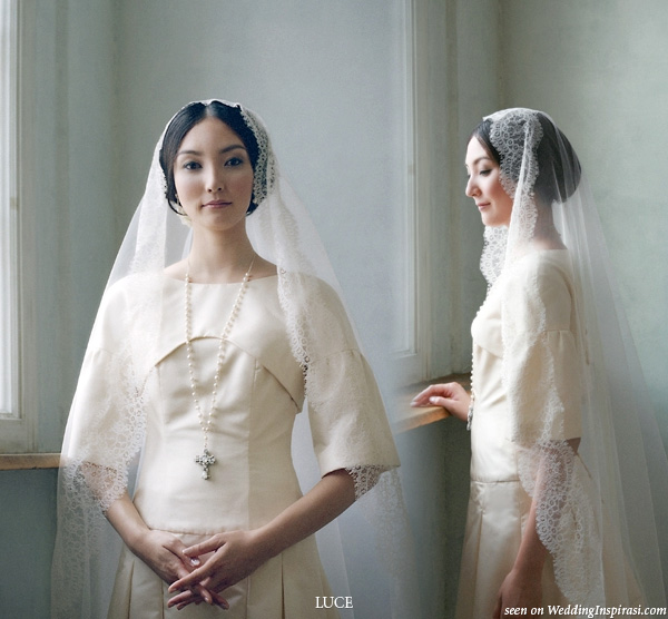 Modest wedding dress worn with a cross by Japanese bridal house LUCE classical