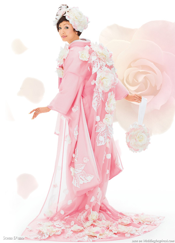 Beautiful pink 3D flower japanese kimono with train