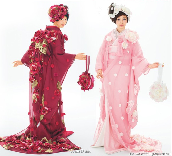 Beautiful red and pink with 3D flower detail on Japanese kimono Beautiful red and pink with 3D flower detail on Japanese kimono