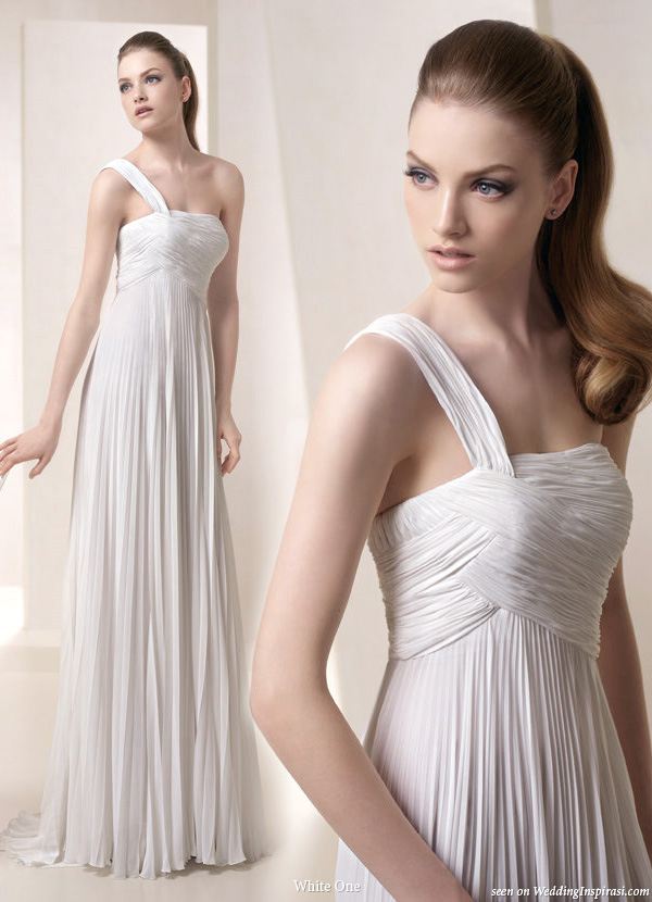 One shoulder toga Greek Goddess pleated sheath silhouette wedding gown