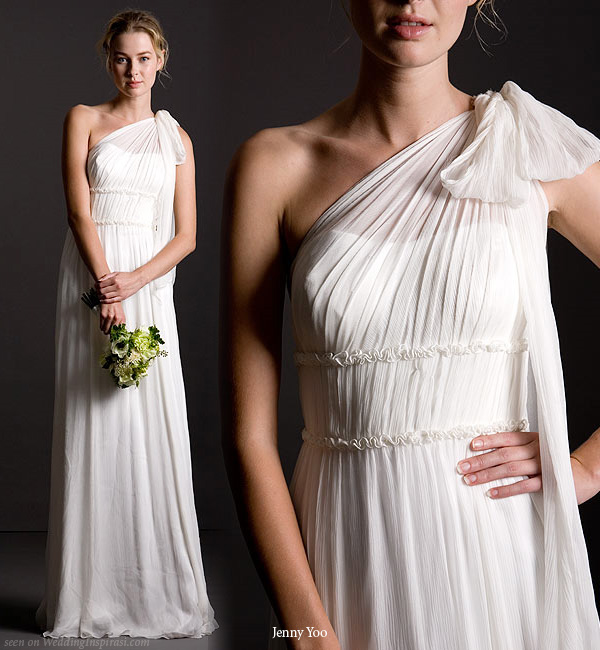 Jenny Yoo Ainsley bridal gown - Asymmetrical neckline with sheer gathered crinkle chiffon tie at neck. Wide band with pleated detail and long a-line silhouette.