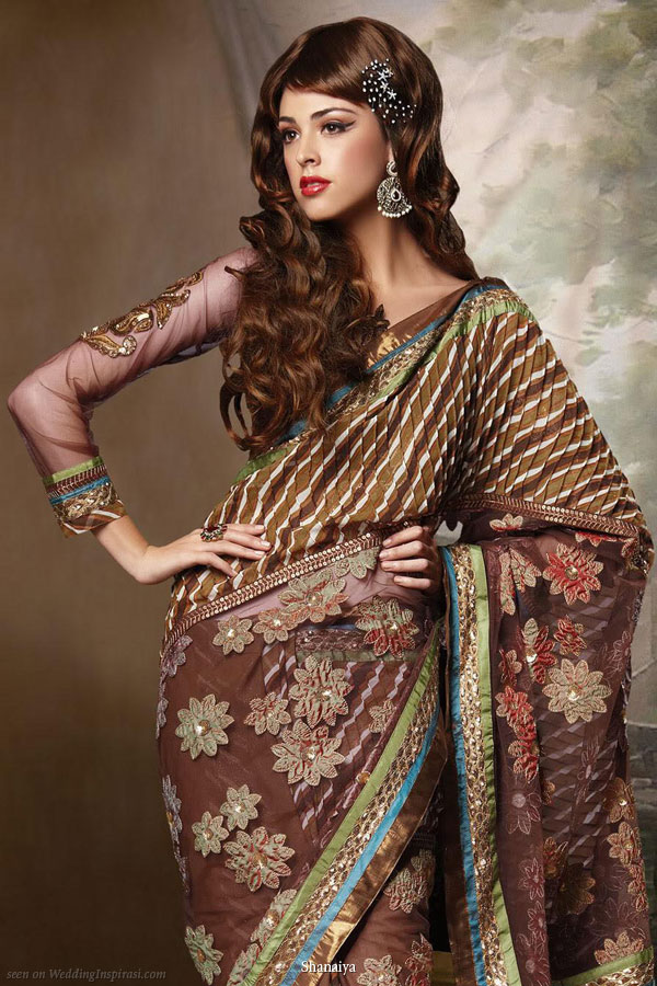 Saree soiree - long sleeve choli blouse floral brown sari from Shanaiya UK Saree soiree - long sleeve choli blouse floral brown sari from Shanaiya UK