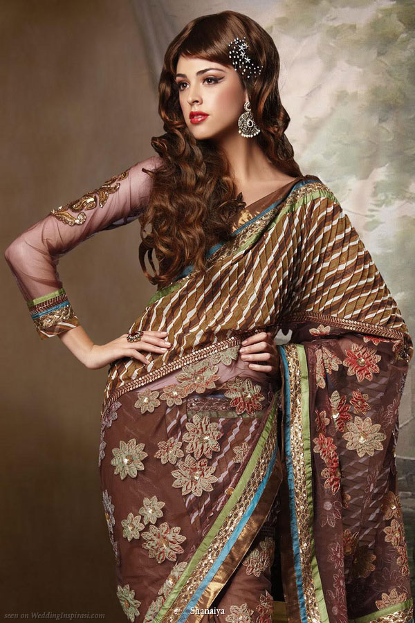 Saree soiree - long sleeve choli blouse floral brown sari from Shanaiya UK