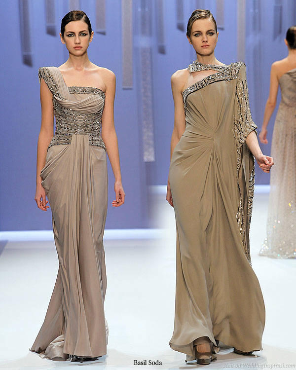 Monochrome dream - draped one-shoulder grecian gown and asymmetric kaftan-like dress in taupe and other earthy tones