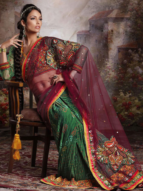 Green, burgundy traditional Indian wedding dress - Saree with elaborate pallu design