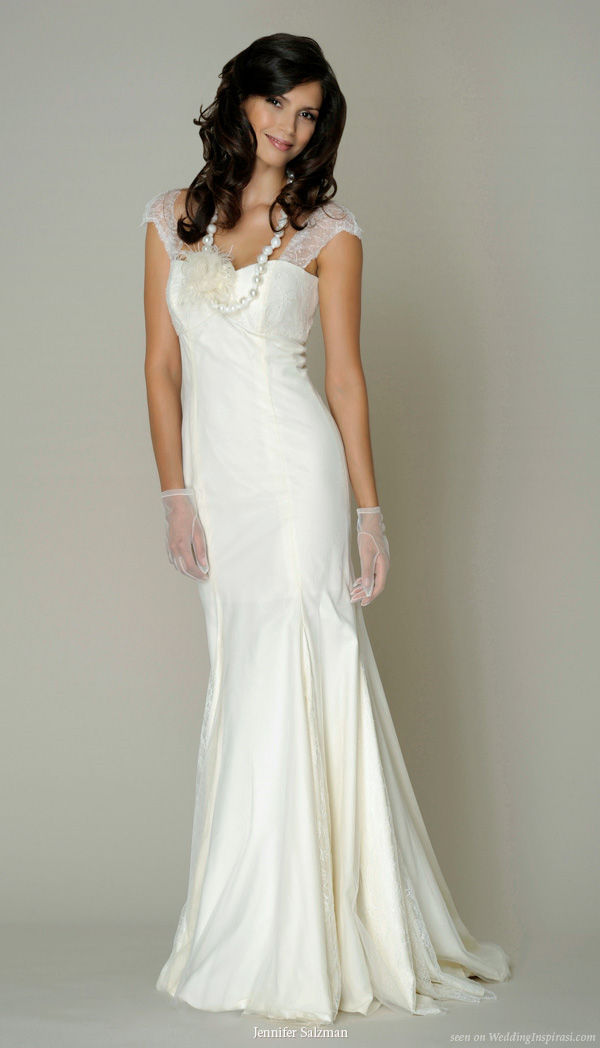 DAISY "Beauty, loyal love, innocence" Cap sleeve sheath with godets of chantilly lace (exclusive to Jennifer Salzman Bridal)