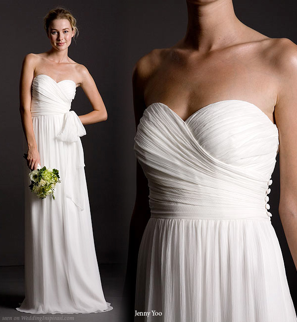 Margaux wedding dress in Silk Crinkle Chiffon - Strapless sweetheart dress with side ruching. Decorative covered buttons along left side seam zipper. Long slim A-line skirt falls from natural waist. Unattached sash included. From Jenny You bridal collection 2010