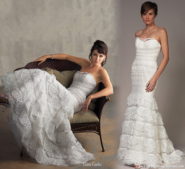 hand-embroidered Italian tulle strapless mermaid gown with tiered lace ruffles by Lian Carlo bridal