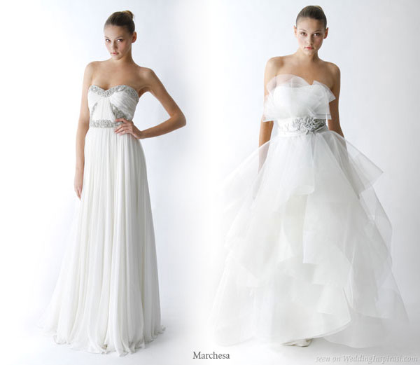 Sleek and voluminous - a sheath wedding gown and a full a-line dress from Marchesa