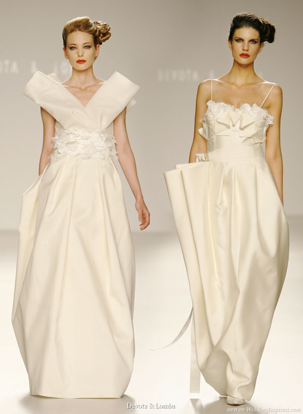 Unusual pleats and folds ala origami on these wedding gowns from Devota y Lomba bridal collection