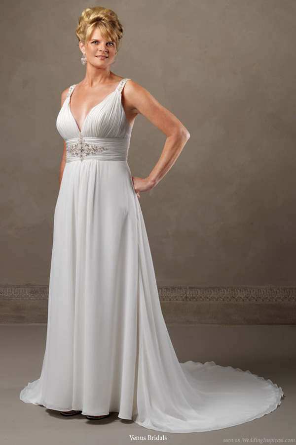Beautiful wedding dress for plus-sized brides by Venus Bridals - V neck of Chiffon has a rouched bodice and beaded straps and is a slim A line. Low back.