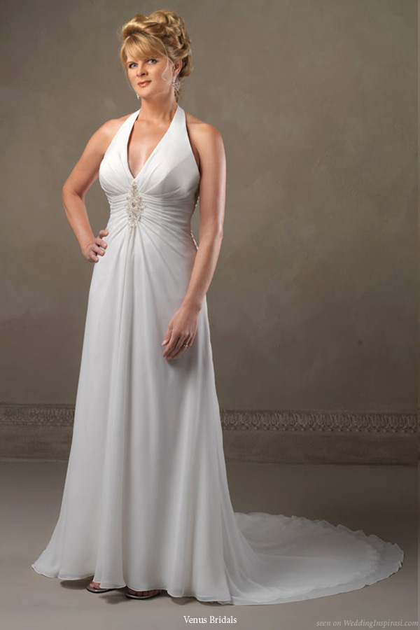 Plus size bride wedding dress - Halter gown of Chiffon gathered at waist and secured with a beaded applique. Lace up back.