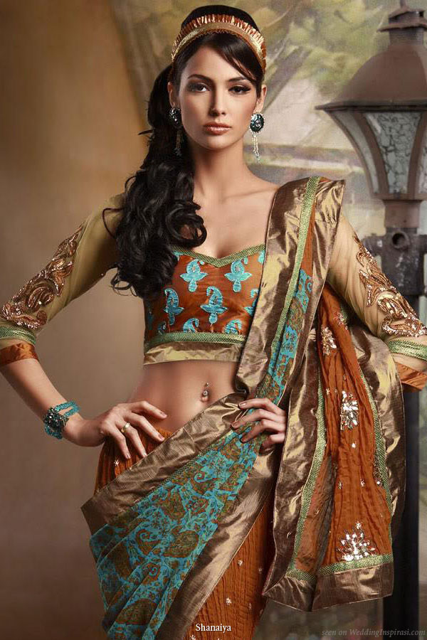 Metallic earth - Gold, copper, brown and turquoise modern saree from Shanaiya bridal