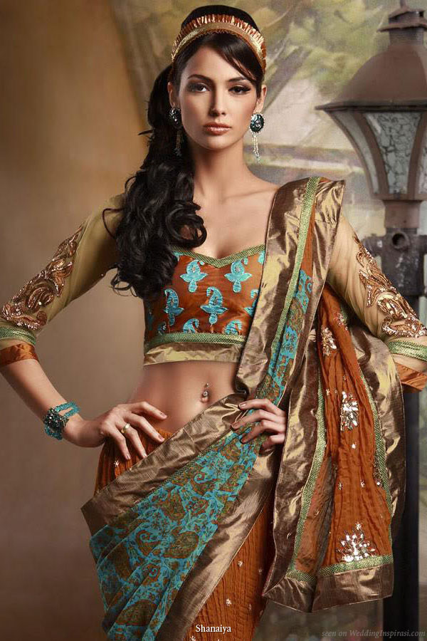 Metallic earth - Gold, copper, brown and turquoise modern saree from Shanaiya bridal Metallic earth - Gold, copper, brown and turquoise modern saree from Shanaiya bridal