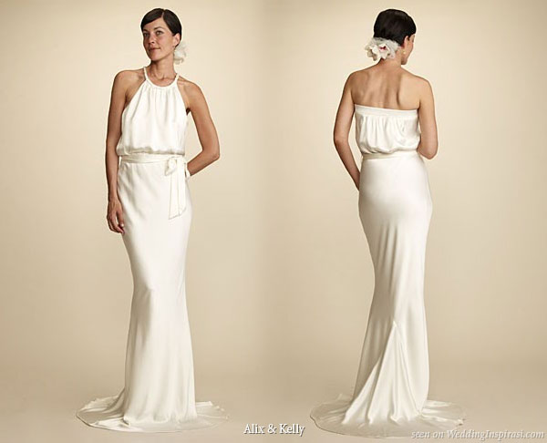 Alix and Kelly Jayne gathered halter neckline dress with thick braided neckband in hand-washed silk with crepe back satin and silk georgette lining. Alix and Kelly Jayne gathered halter neckline dress with thick braided neckband in hand-washed silk with crepe back satin and silk georgette lining.