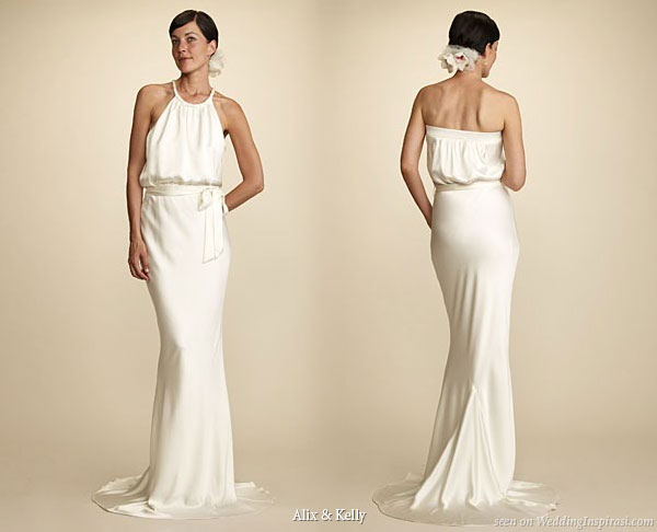 Alix and Kelly Jayne gathered halter neckline dress with thick braided neckband in hand-washed silk with crepe back satin and silk georgette lining.