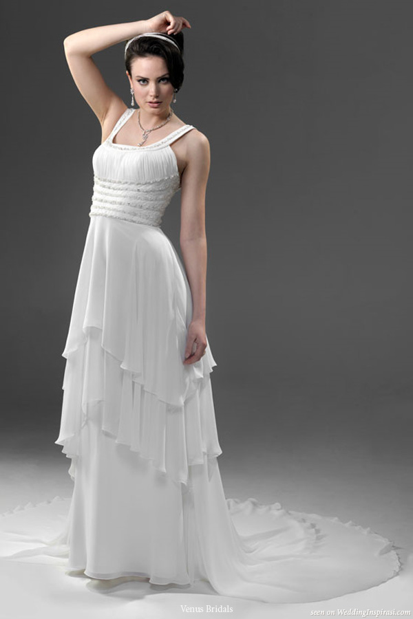 Venus Bridal wedding dress - PA9938 is original style with Tapioca Pearl. Revised style is PA9959 with Regular Pearl Chiffon gown with rouched bodice featuring a layered skirt with a court length train.