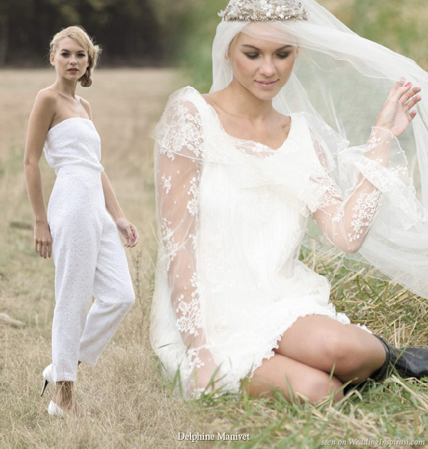 Unique bridal gown alternatives from Delphine Manivet - Onesime pantsuit in combo silk guipure, Akris short dress long sleeves in calais lace and pleated lace