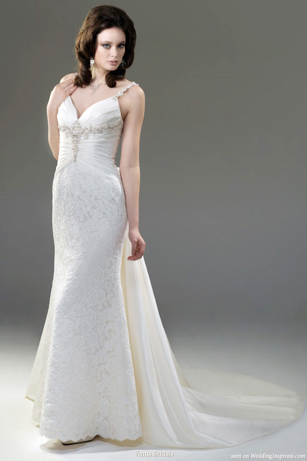 Venus Bridal wedding dress - V neckline gown with a rouched bodice and a sheath silhouette featuring a detachable chapel length train.