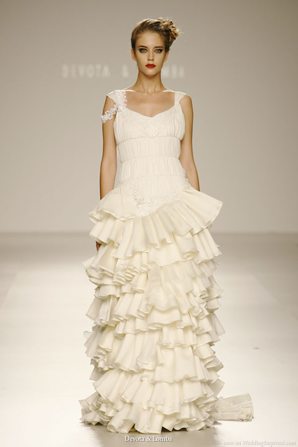 Romantic ruffle tier wedding dress with straps from Devota and Lomba