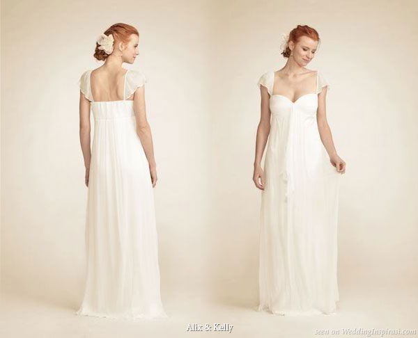 Chloe wedding gown in silk crinkle chiffon and heavy charmeuse. Floor-length with shee cap-flutter sleeves, sweetheart neck and fitted bodice with straight back. from Alix and Kelly