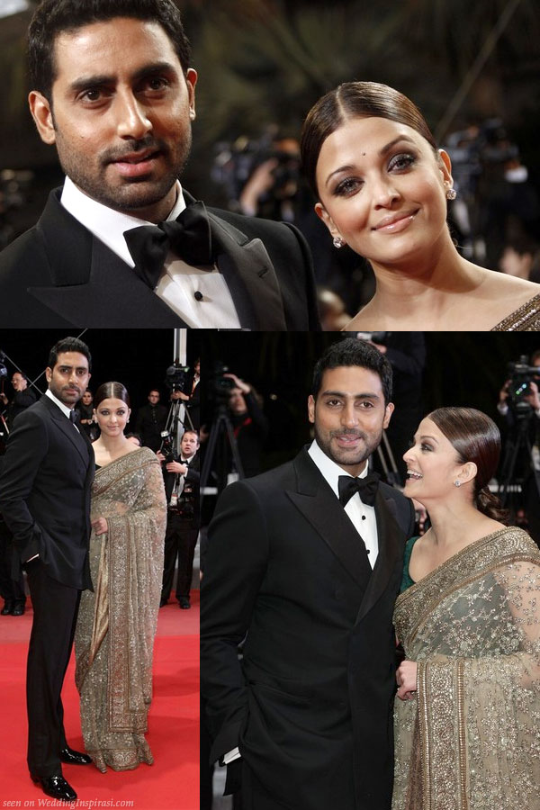 Aishwarya Rai in a sari designed by Sabyasachi Mukherjee with Abhishek Bachchan at Cannes Festival 2010 