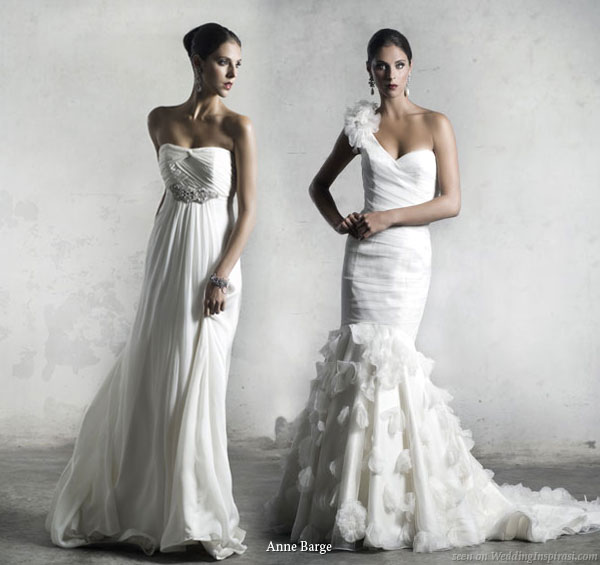 Strapless and one-shoulder strap wedding dresses from Anne Barge 2010 bridal collection