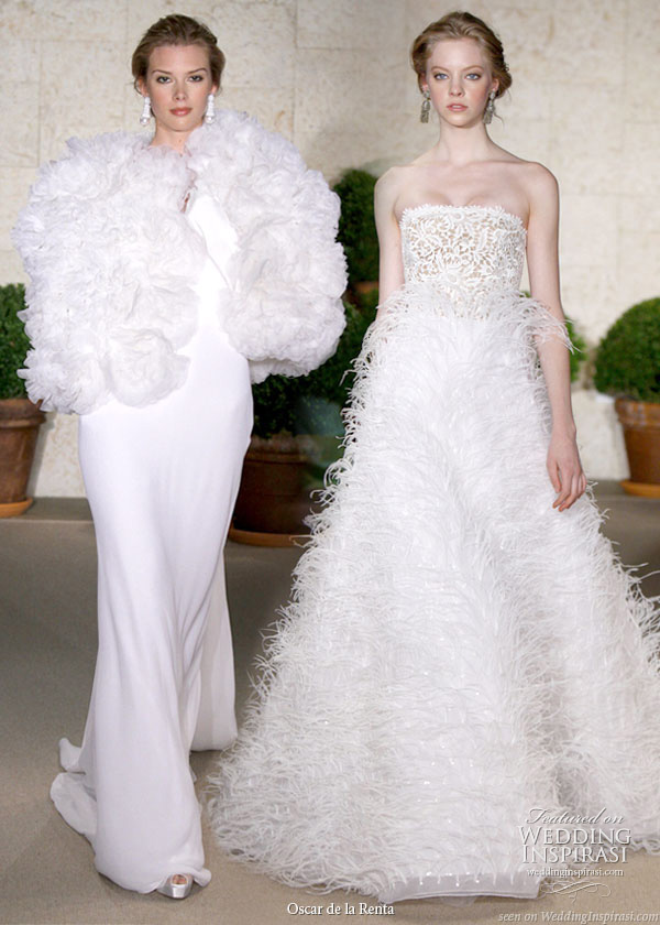 Wedding dresses with two different silhouettes from Oscar de la Renta Spring 2011 bridal collection - sleek sheath with large ruffle stole cape and a-line feather skirt