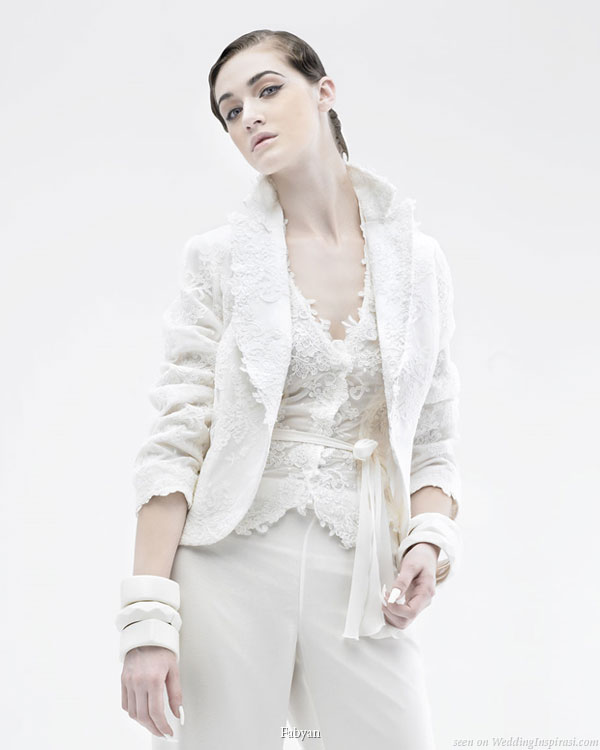 The bride wears the pants -- lace top and trousers and blazer combination by Fabyan Herve Mariage