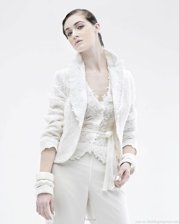 The bride wears the pants -- lace top and trousers and blazer combination by Fabyan Herve Mariage The bride wears the pants -- lace top and trousers and blazer combination by Fabyan Herve Mariage