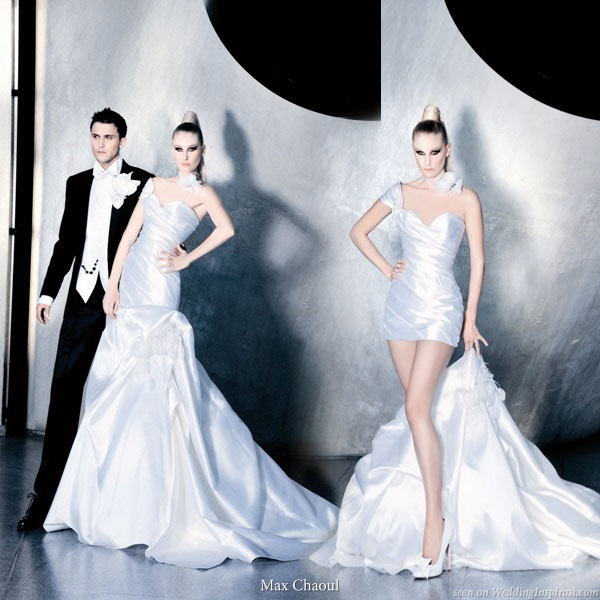 Long and short 2 in 1 convertible wedding gown with detachable train and skirt from Max Chaoul Couture 2010 bridal collection