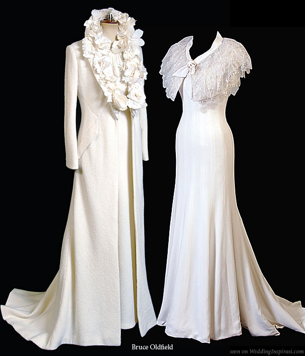 Custom-made to measure bridal coat with ruffled lapel and ready-to-wear wedding gown 