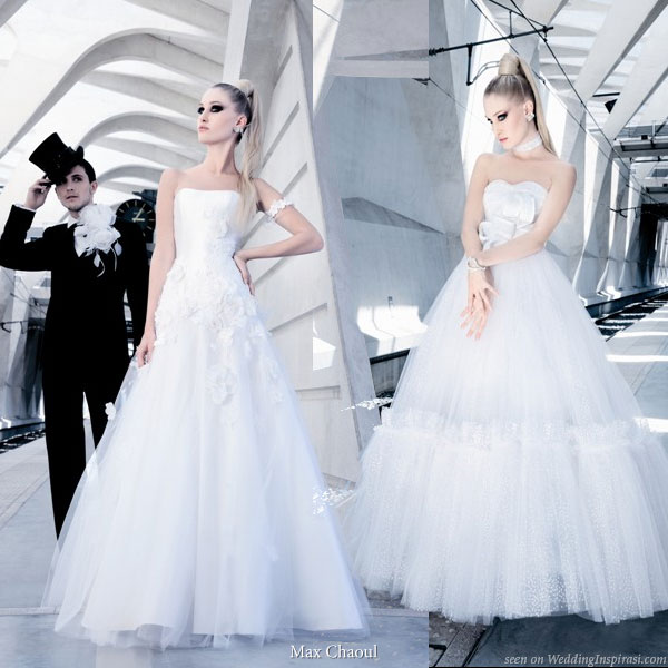 Full a-line silhouette with these tulle skirts on wedding gowns designed by Max Chaoul