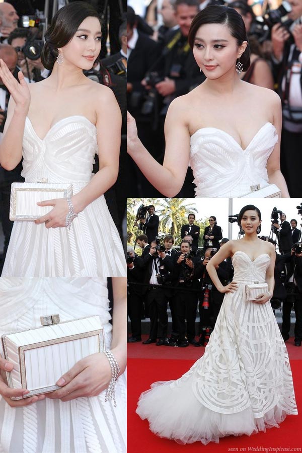 Chinese actress Fan Bing Bing in a white Elie Saab Couture strapless gown with sweetheart neckline at Cannes 2010