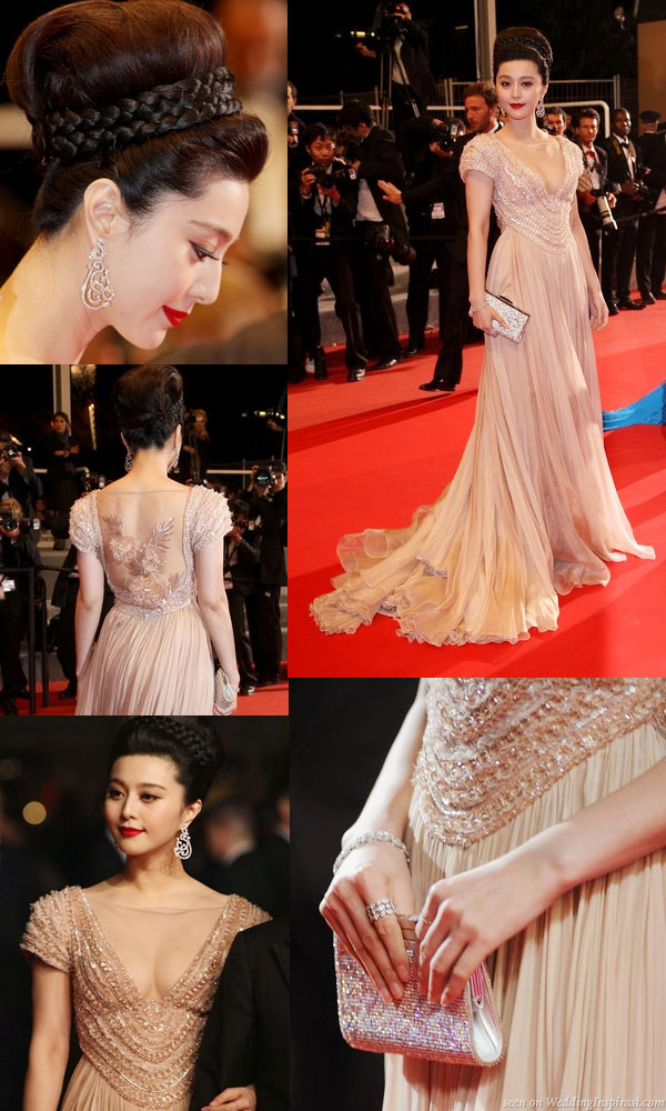 Chinese actress and Mandopop singer Fan Bing Bing in a peach colored Elie Saab couture gown on the red carpet for the “Chongqing Blues” premiere during Cannes Film Festival 2010