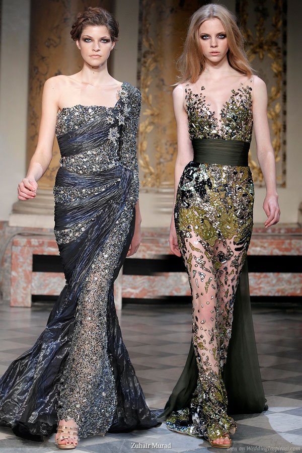 On the fashion runway of Zuhair Murad's couture collection - two sparkly evening gowns