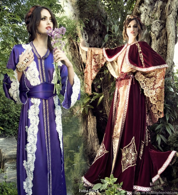 Designed by Fatna Farkh - Deep lavender or purple with white lce and a regal maroon and salmon peach orange cape caftan, takchita and robe