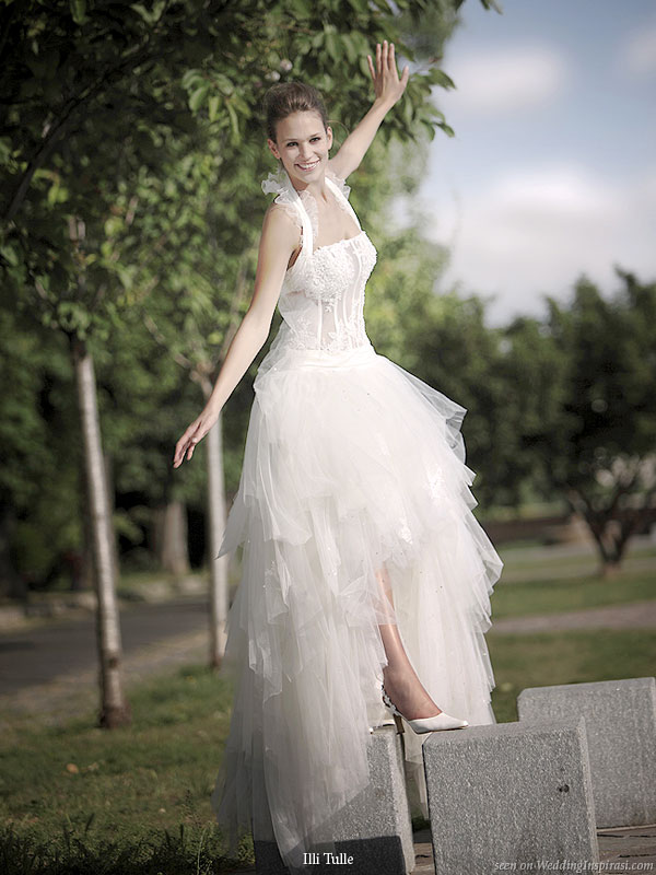 Illi Tule Complicite France - asymmetric hemline strap square neck wedding dress