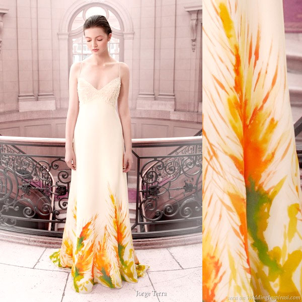 Fiery orange, yellow, green print on the hem of a wedding gown by Jorge Terra from the 2010 bridal collection