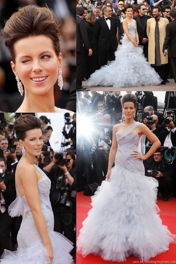 Kate Beckinsale attends the 'Robin Hood' Premiere in a Marchesa strapless powder blue draped tulle gown with ruffle skirt during the 63rd Annual Cannes Film Festival on May 12, 2010 