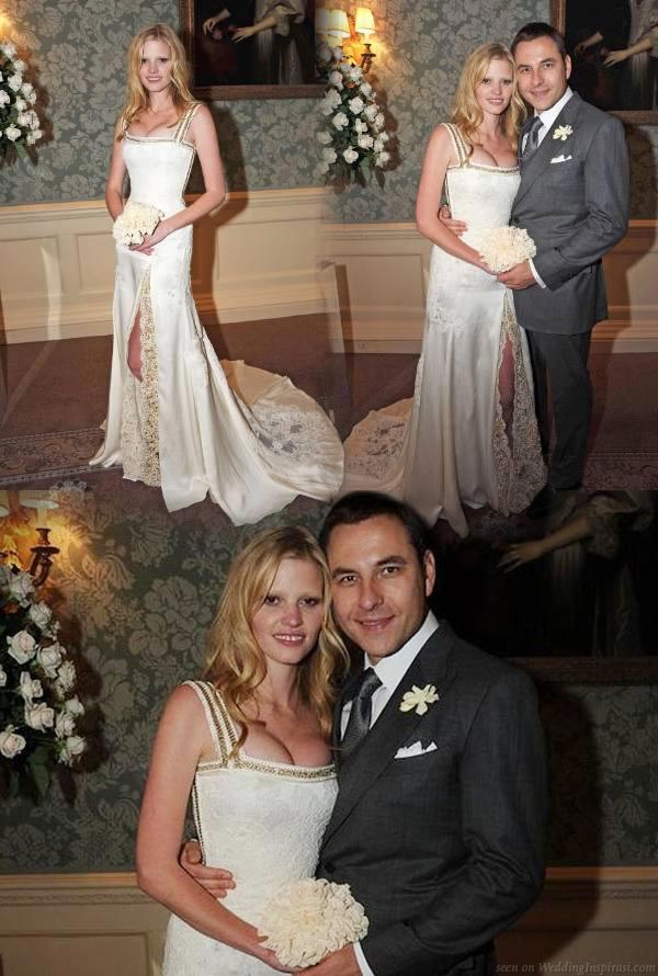 Lara Stone Wedding Dress By Givenchy Riccardo Tisci, full length photo of Lara's dress, as she poses with new husband David Walliams