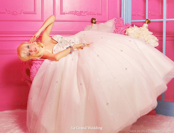 Poufy ballgown wedding dress, bride in a room with pink walls for Le Grand Wedding photo shoot shot by Chris Ling