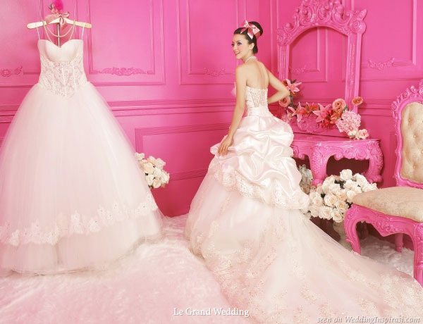 Le Grand Wedding Singapore - princess style bridal dresses with and without bustle, shot in a hot pink room