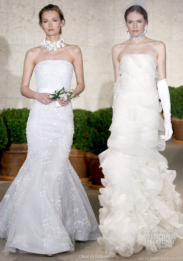 Oscar de la renta Spring 2011 bridal collection - ivory silk organza strapless gown with pleated ruffle detailing, white violette, pearl and crystal choker, satin diamond d'orsay